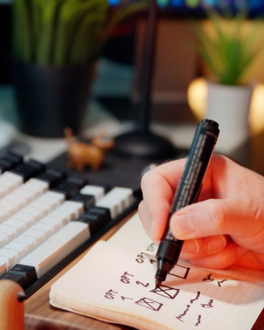 A person marking tasks on a checklist using a marker pen beside a keyboard in an office setting.