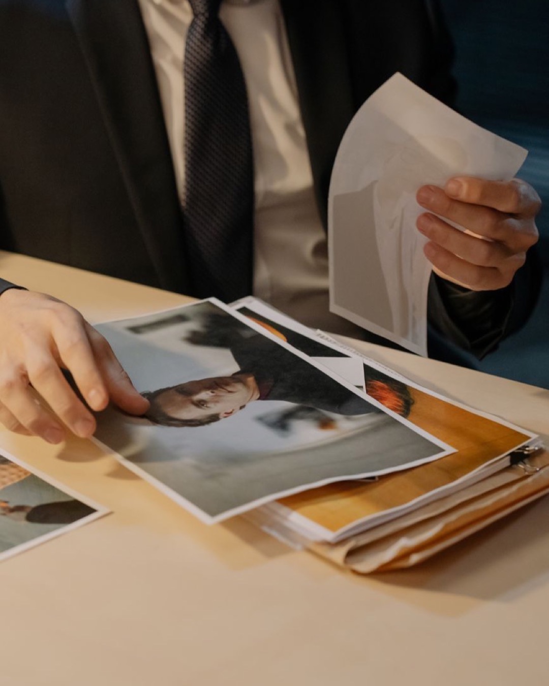 Man in suit analyzing photographs on a desk, suggesting investigation work.