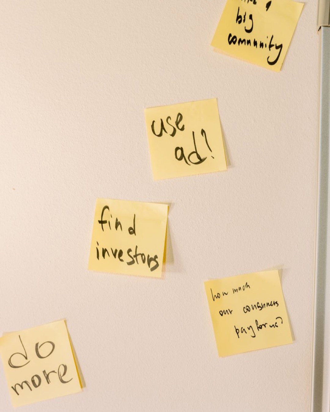 Yellow sticky notes with motivational business ideas on a white wall.