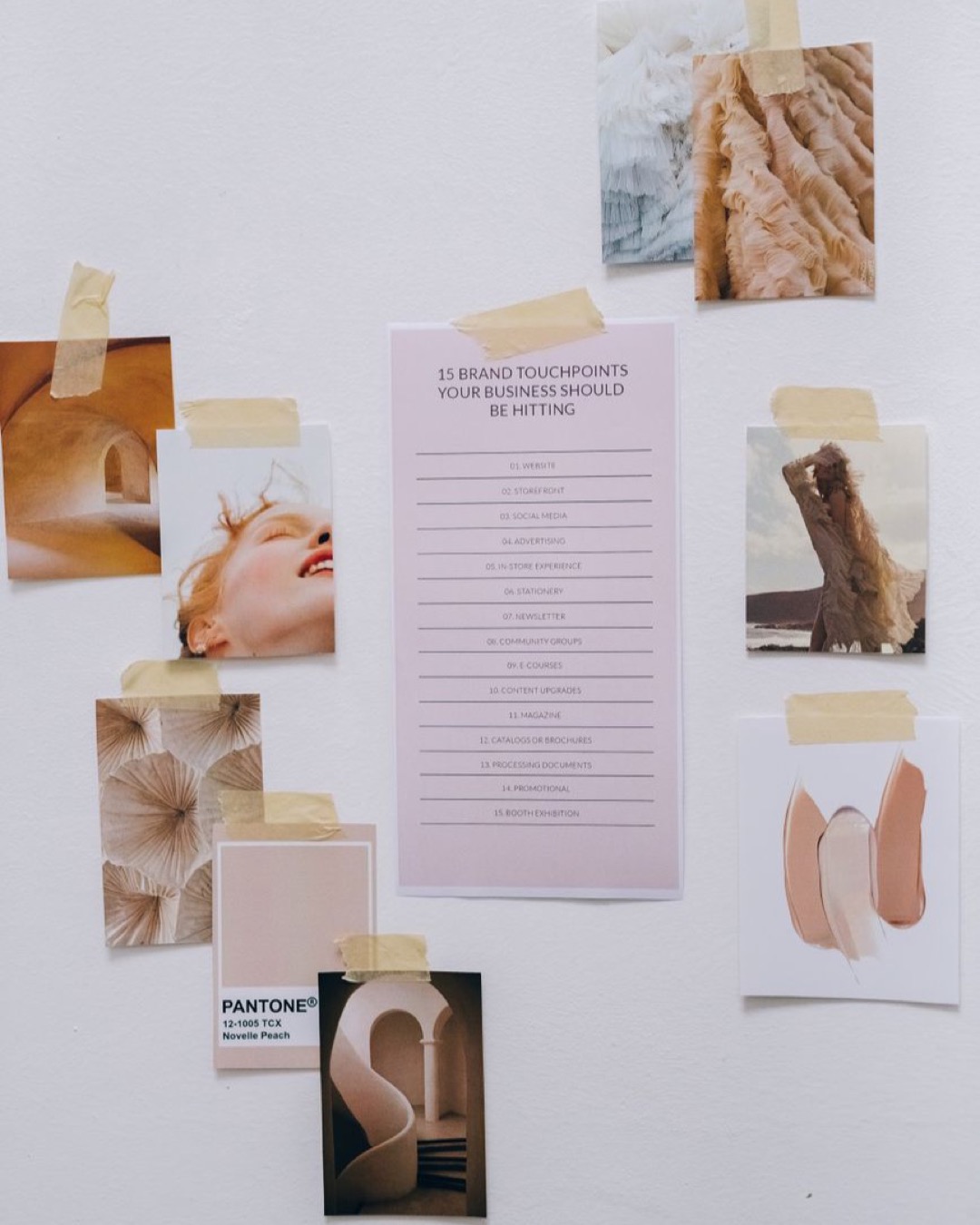 Aesthetic moodboard showcasing brand strategy concepts and design elements taped to a wall.