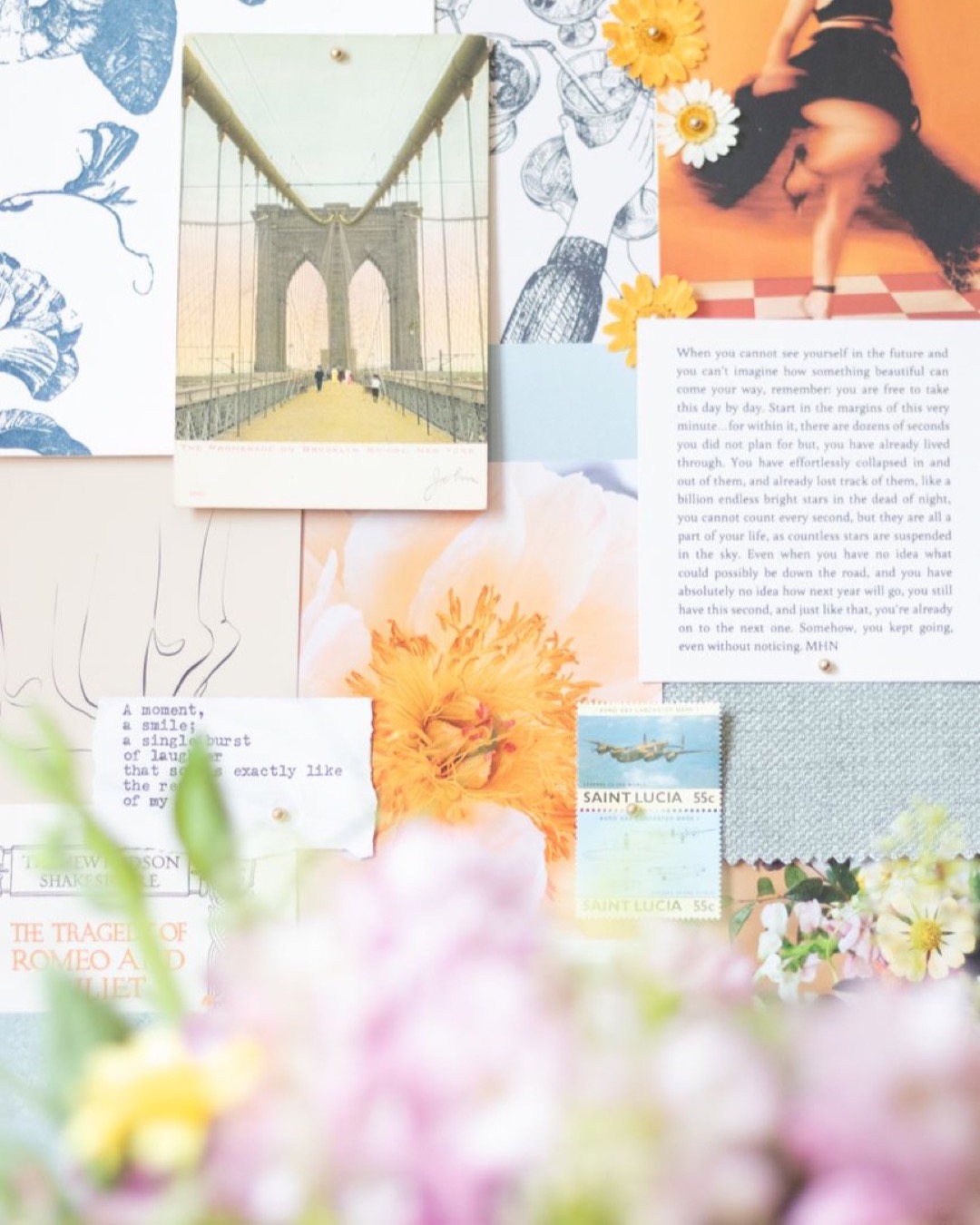 Aesthetic collage of floral and vintage art with a bridge photograph creating an artistic mood board.