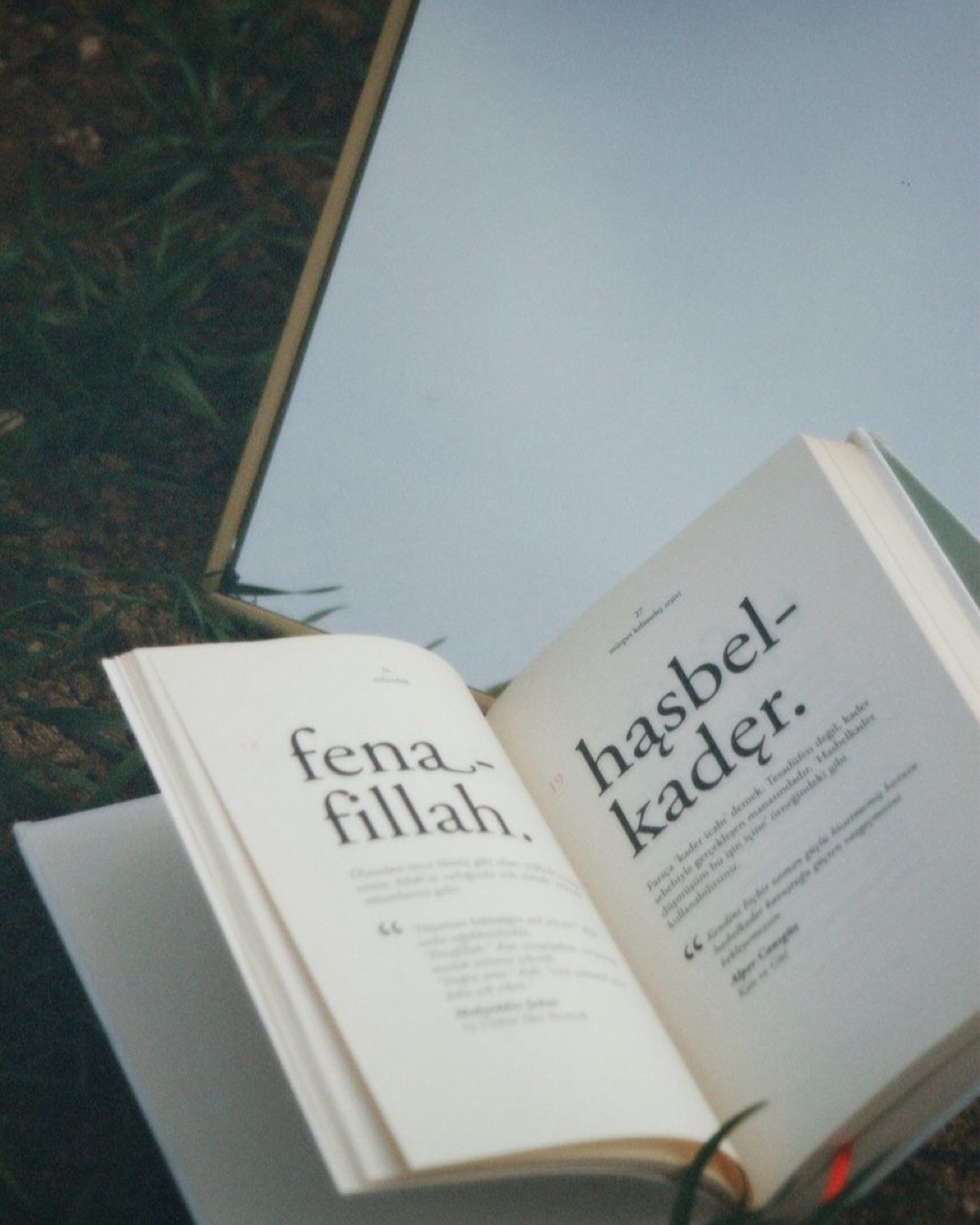 Open book displaying text, laid on grass with a mirror reflecting it.