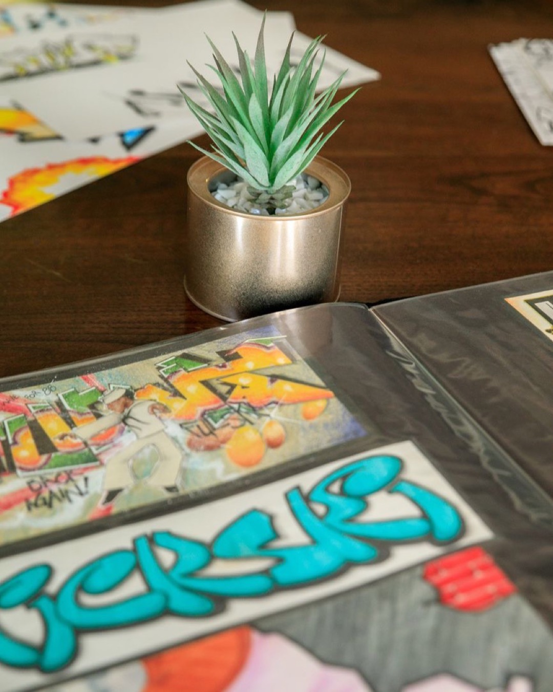 Art portfolio with potted plant on wooden table, showcasing creativity