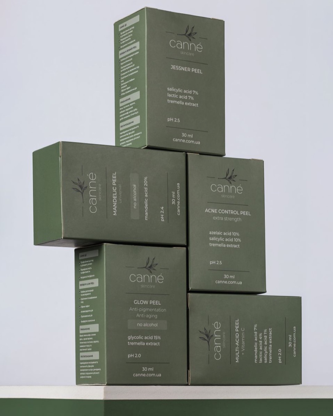 Close-up of stacked green boxes of skincare products by Canne featuring labels and benefits.