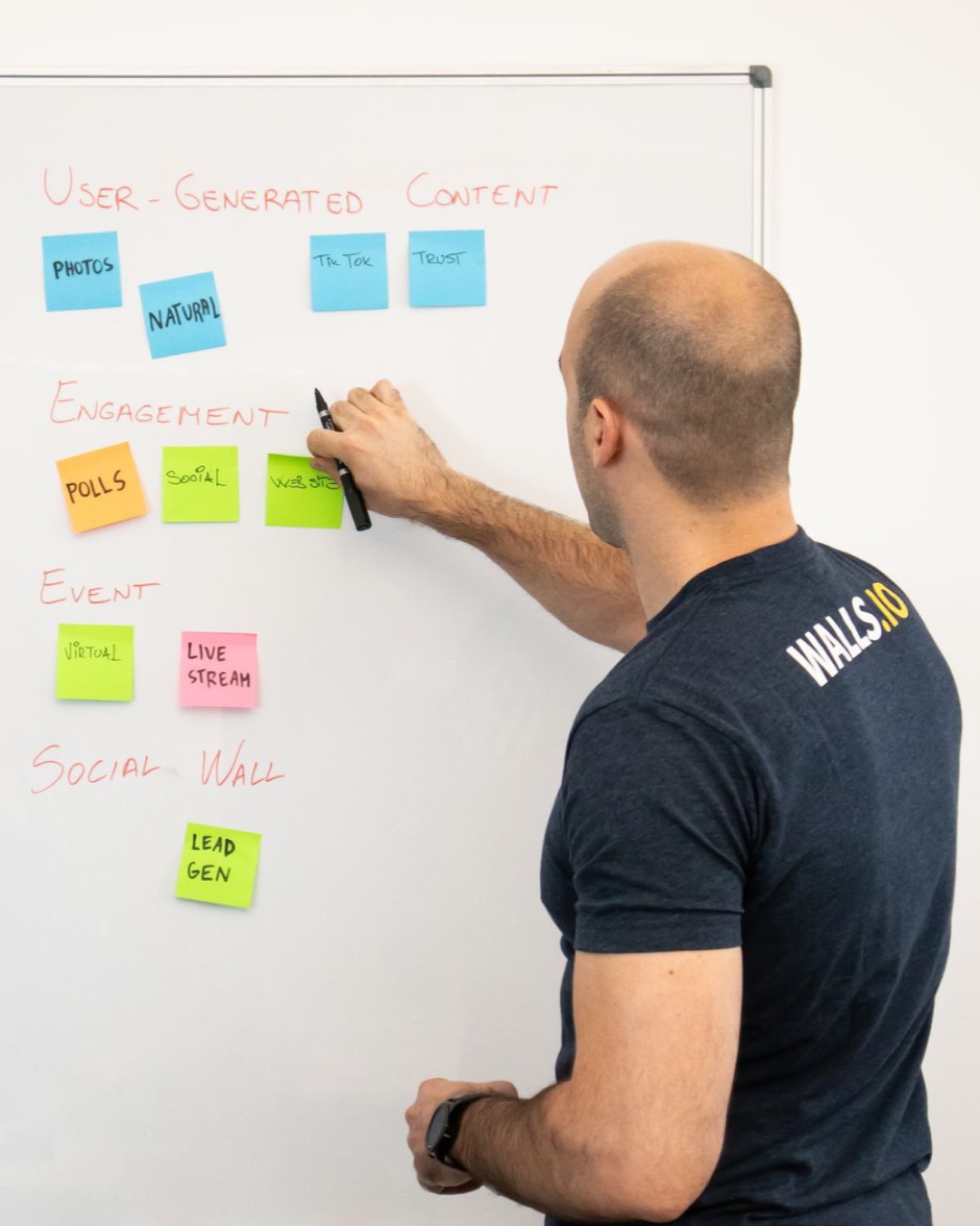 Man analyzing marketing content strategies using sticky notes on a whiteboard.