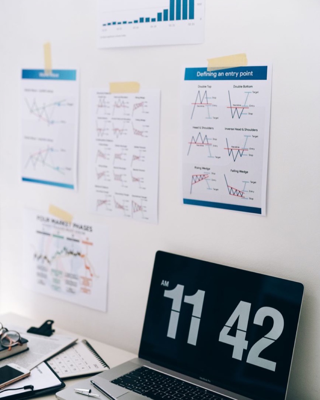 Office desk with financial charts on wall and a laptop displaying time, ideal for business themes.