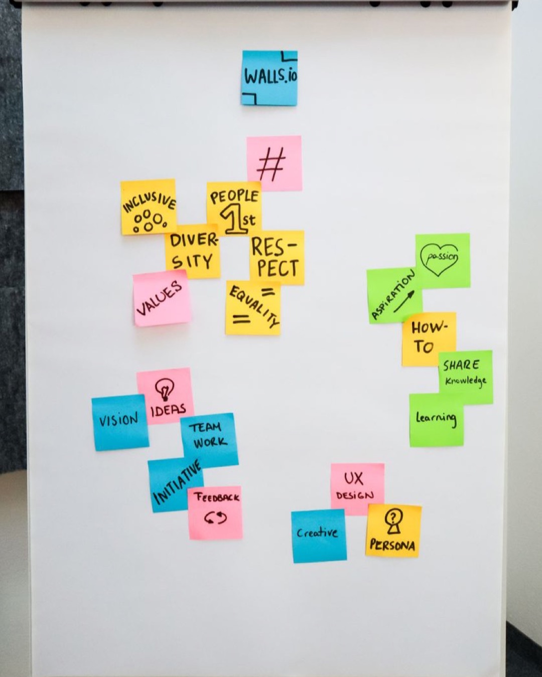 Bright sticky notes on a flip chart showcasing inclusive and creative teamwork ideas in an office setting.