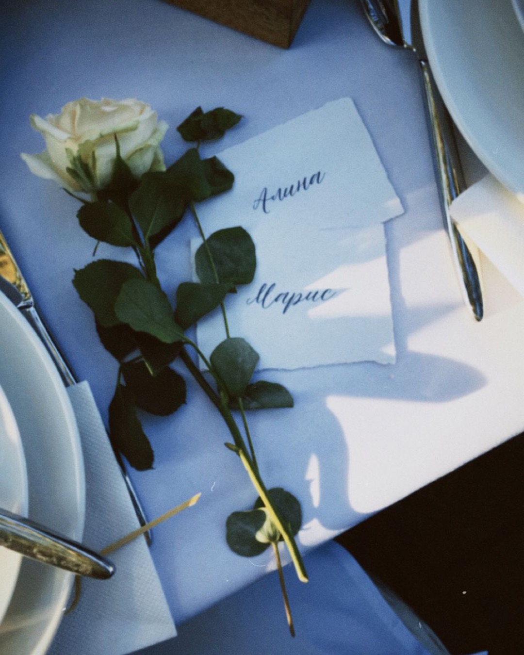 An elegant table setup featuring a white rose with personalized name cards on a dining table.