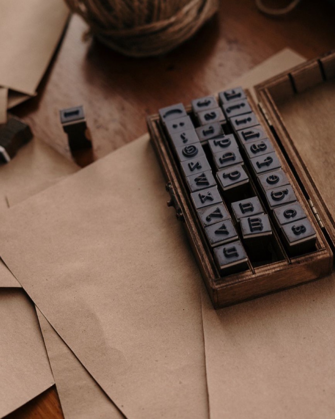 A vintage set of letter stamps on a wooden desk with twine and envelopes, perfect for handmade crafts and writing.