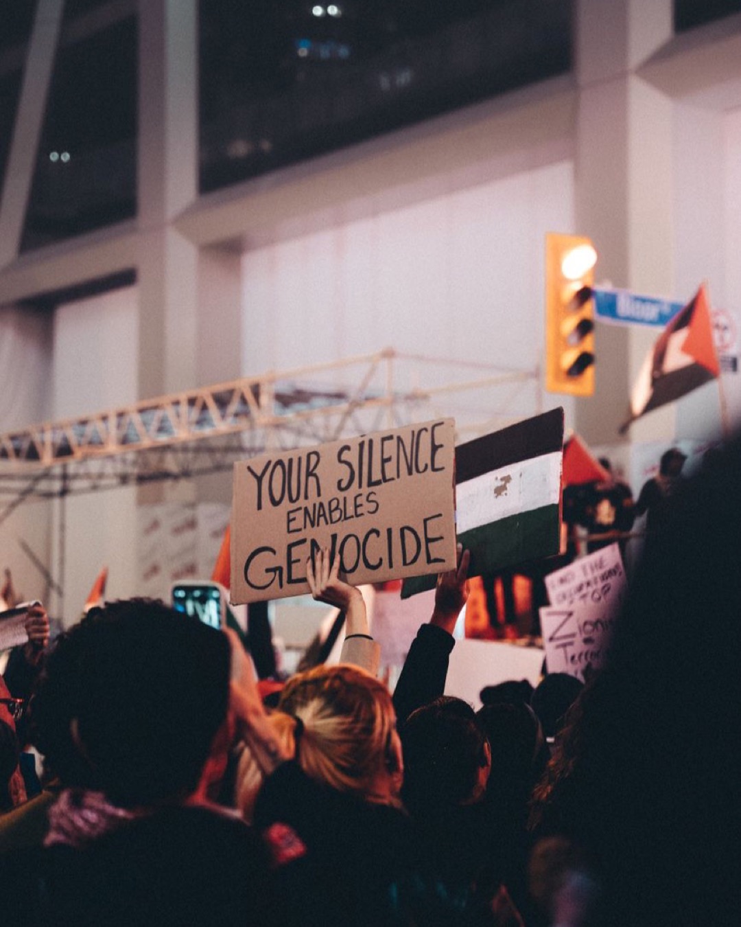 Crowd at night protest holding signs and flags, emphasizing activism and social justice.