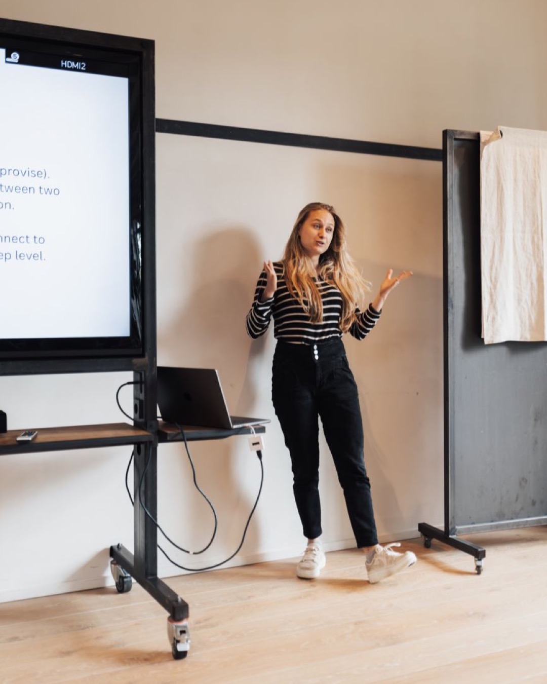 A business professional delivers a presentation to colleagues in a modern meeting room setting.
