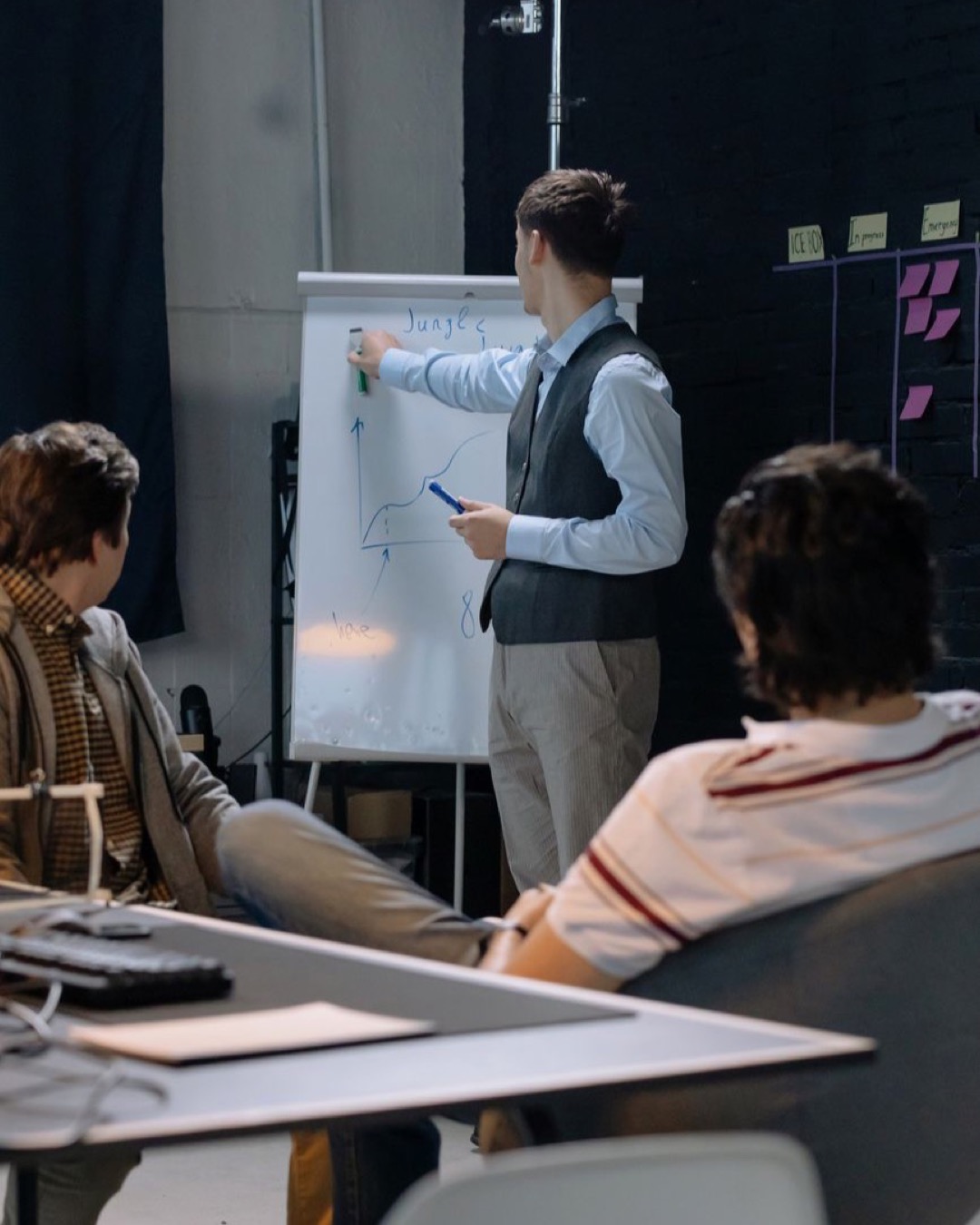 Team discussing strategy in a modern office with a presenter and whiteboard.