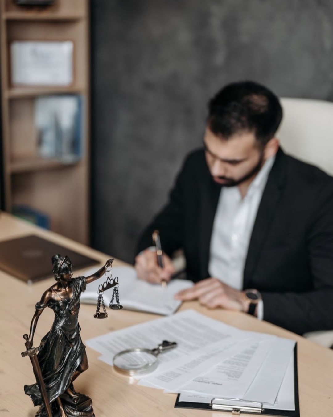 A lawyer concentrates on paperwork in an office; legal statue visible on desk.