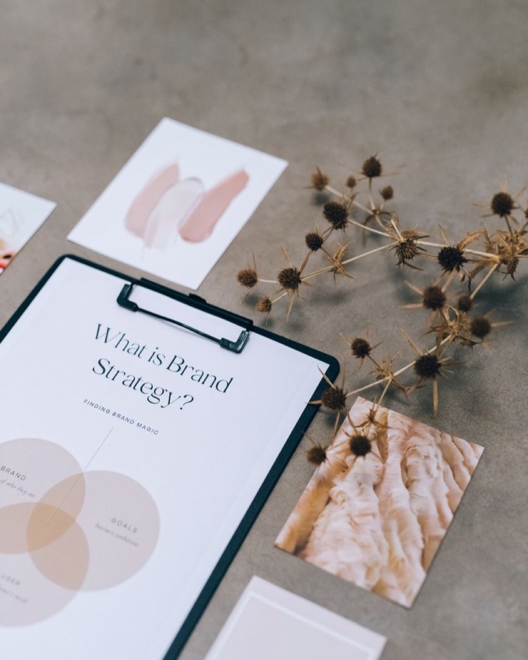 Elegant flat lay of branding strategy documents with a natural twig accent.